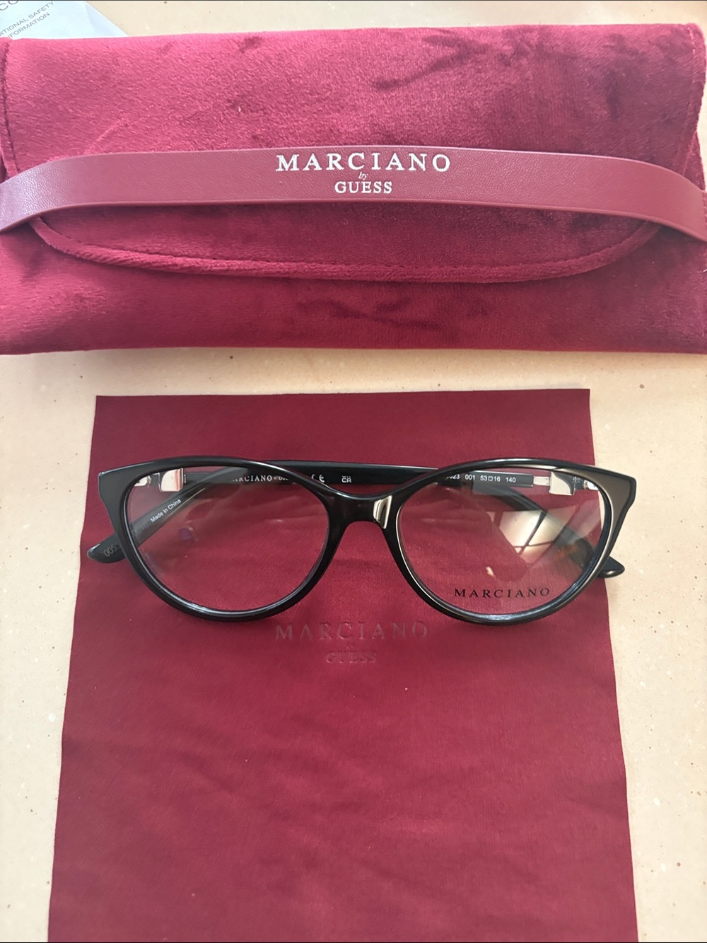 Marciano Black Cat-Eye Glasses with Burgundy Case
